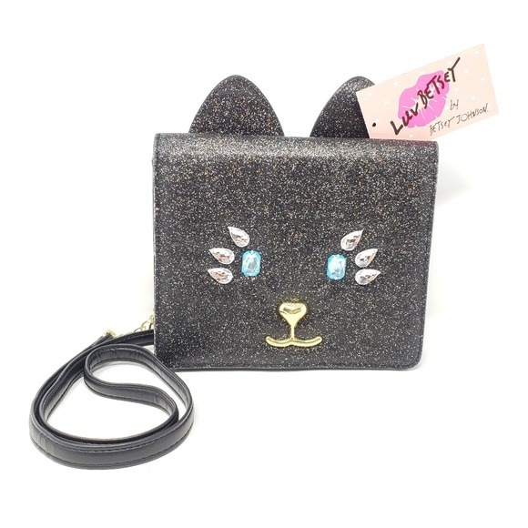 Handbags - Betsey Johnson Black Glitter Cat Purse.